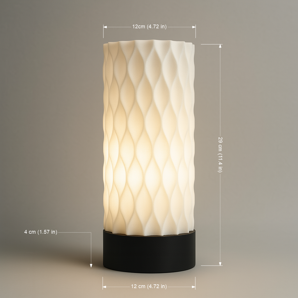 Decorative lamp with textured design and measurements on a neutral background