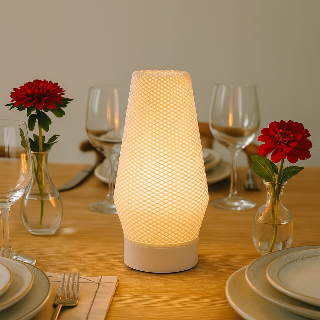 Decorative table lamp on a set dining table with red flowers and glassware.