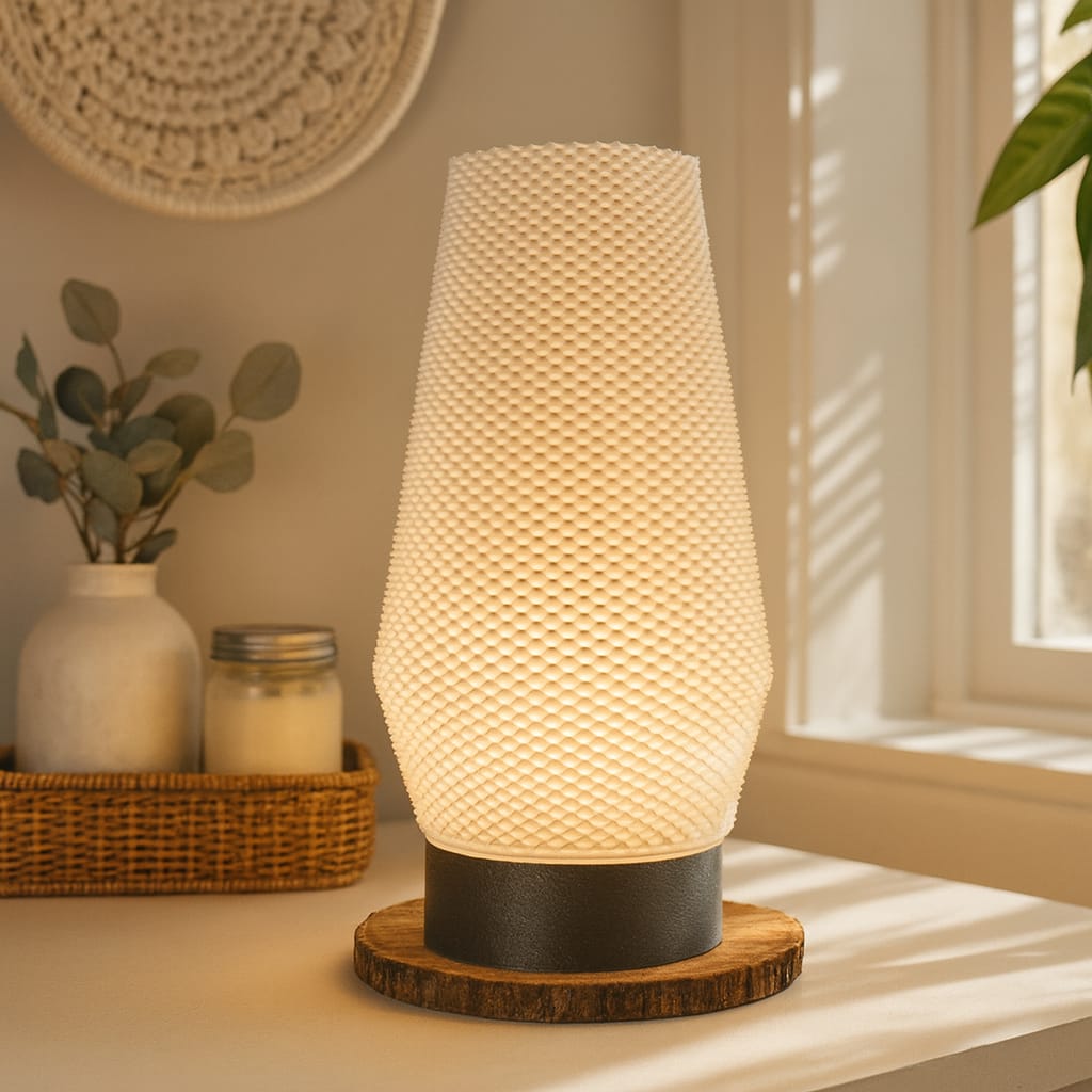Decorative table lamp with textured design on a wooden base, placed on a surface with a blurred background.
