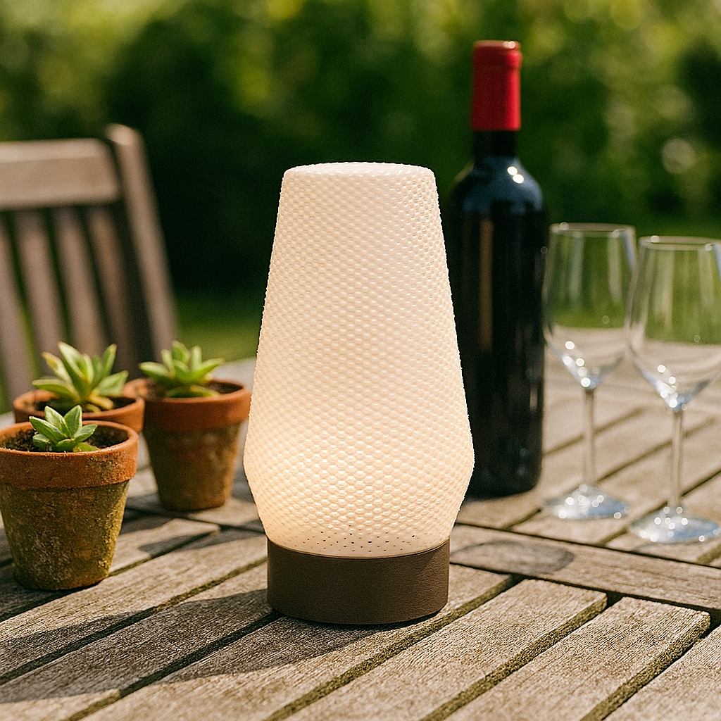 Outdoor setting with a textured table lamp, wine bottle, and glasses on a wooden surface.