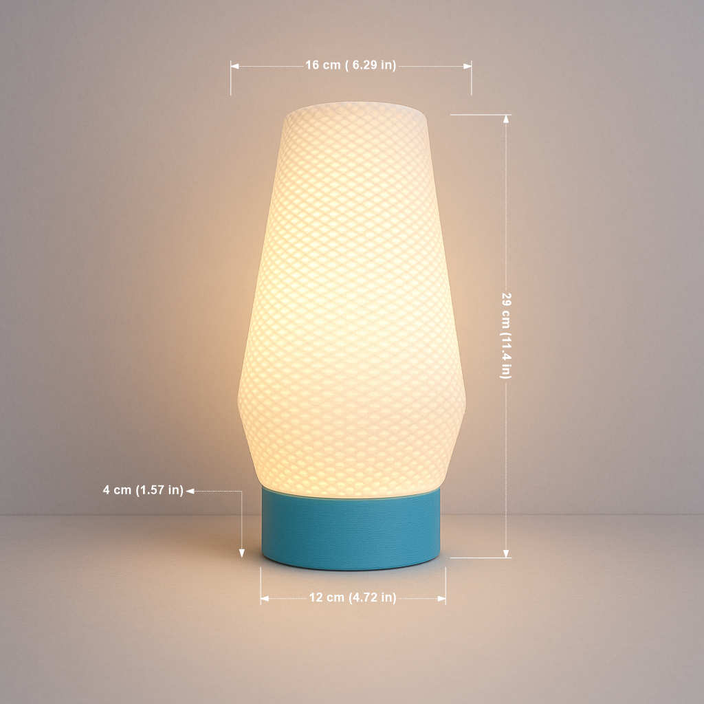Table lamp with measurements on a neutral background