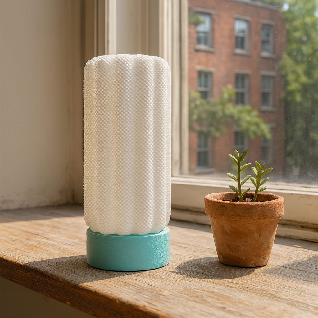 White textured cylindrical lamp with a turquoise base on a wooden surface near a window.