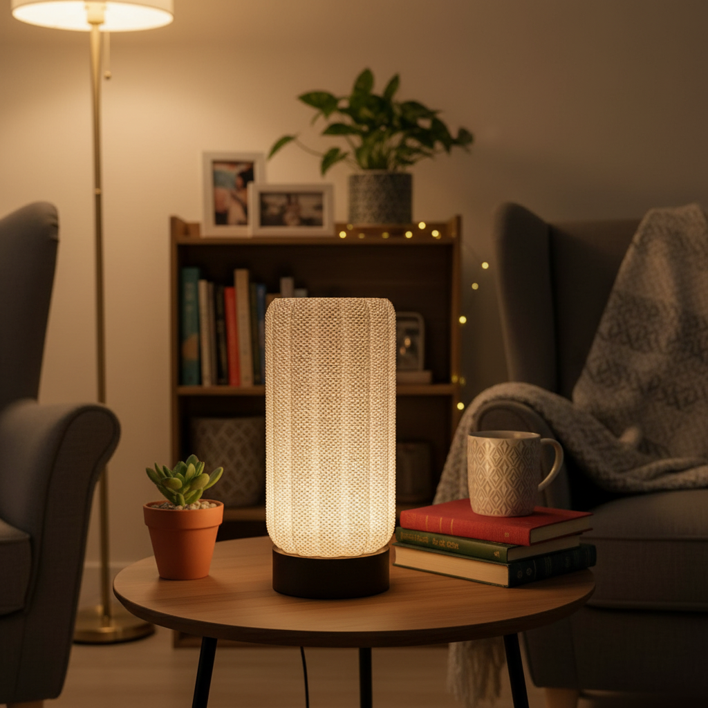Cozy living room with a table lamp, books, and a mug on a wooden table.