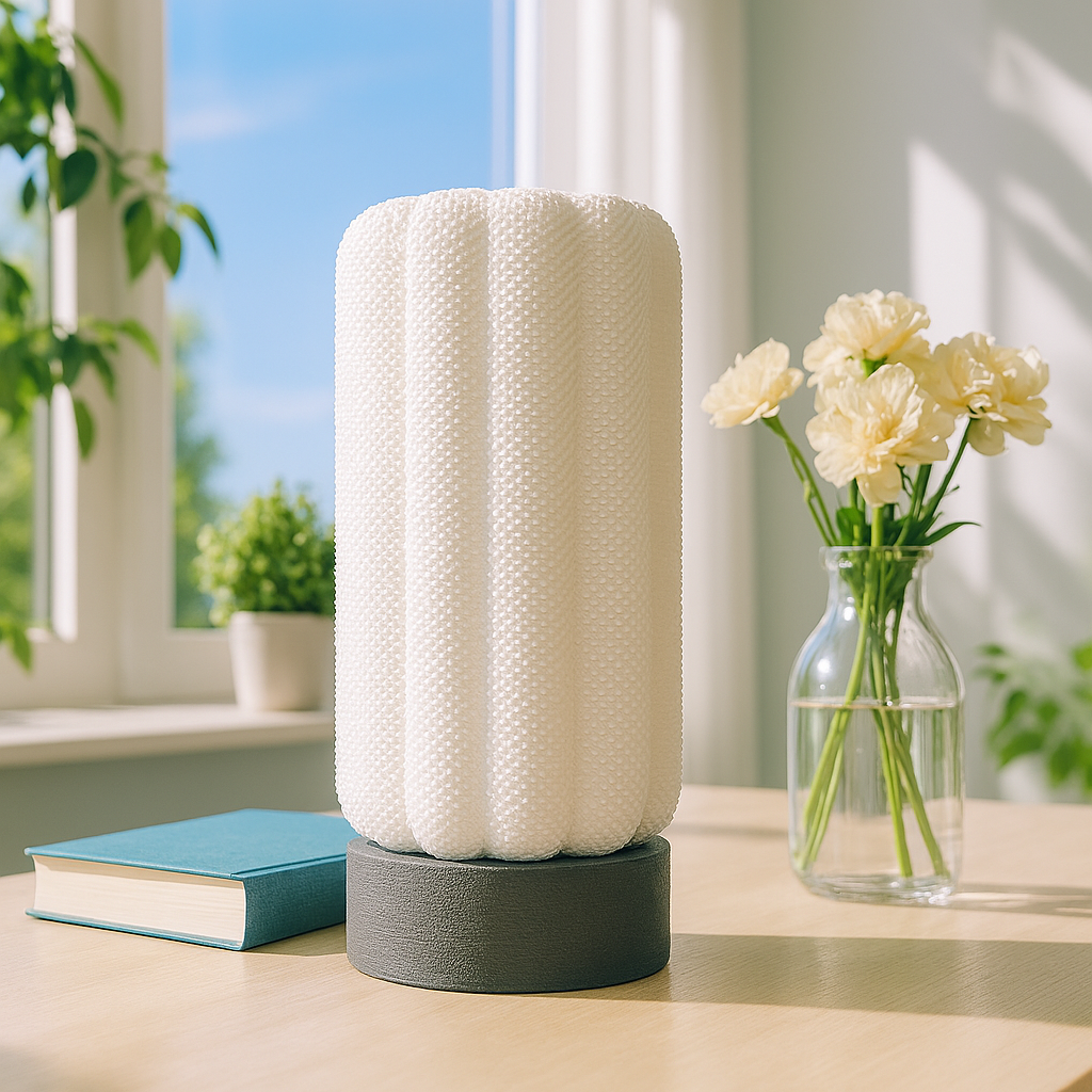 White textured table lamp on a wooden surface with a vase of flowers and a book in the background.