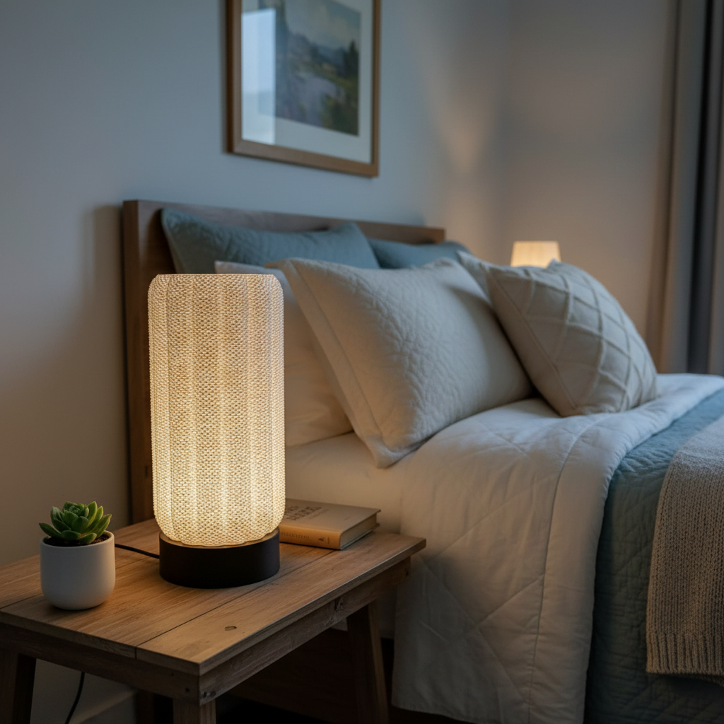 Lamp on a bedside table next to a bed with pillows and a blanket