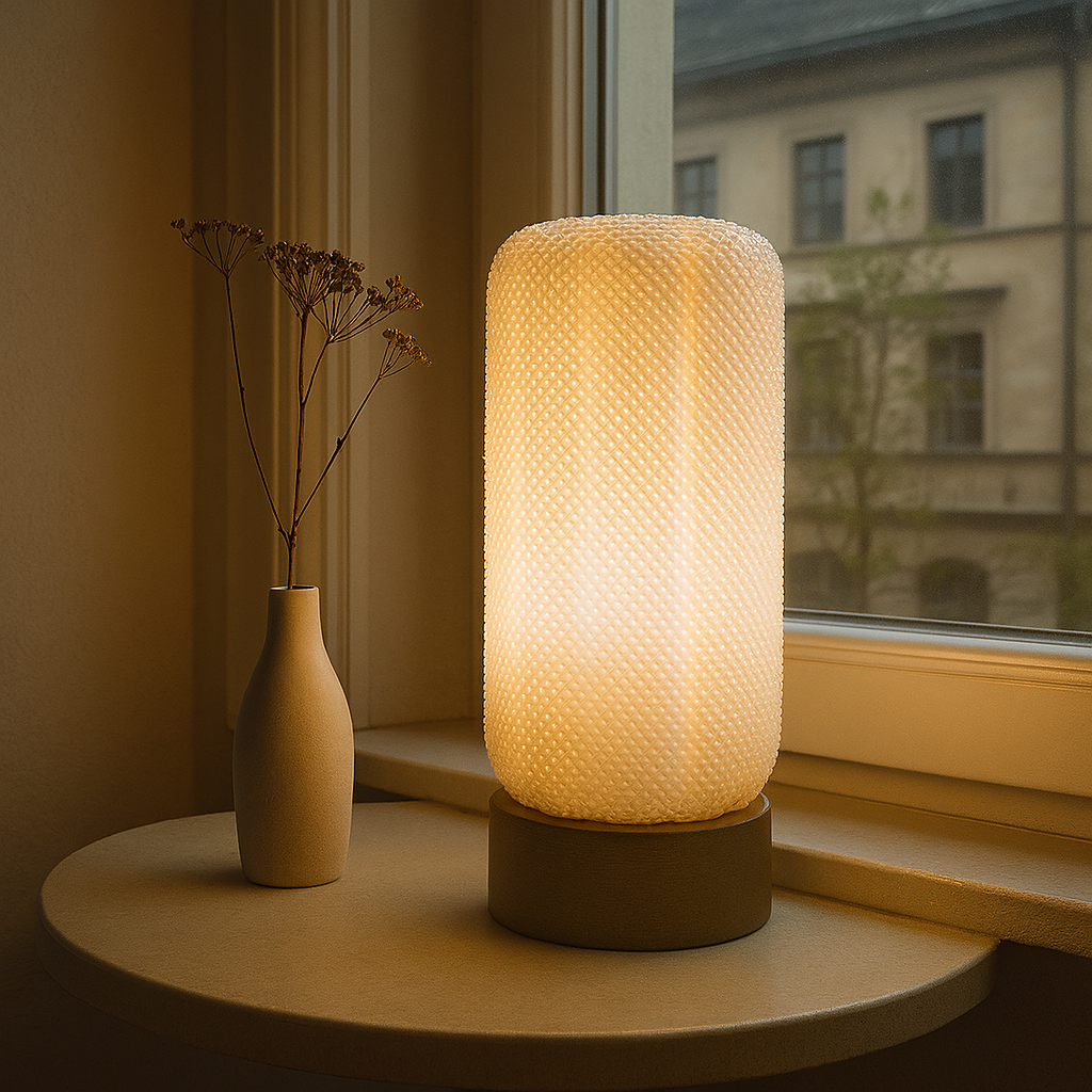 Decorative table lamp with textured design on a table near a window
