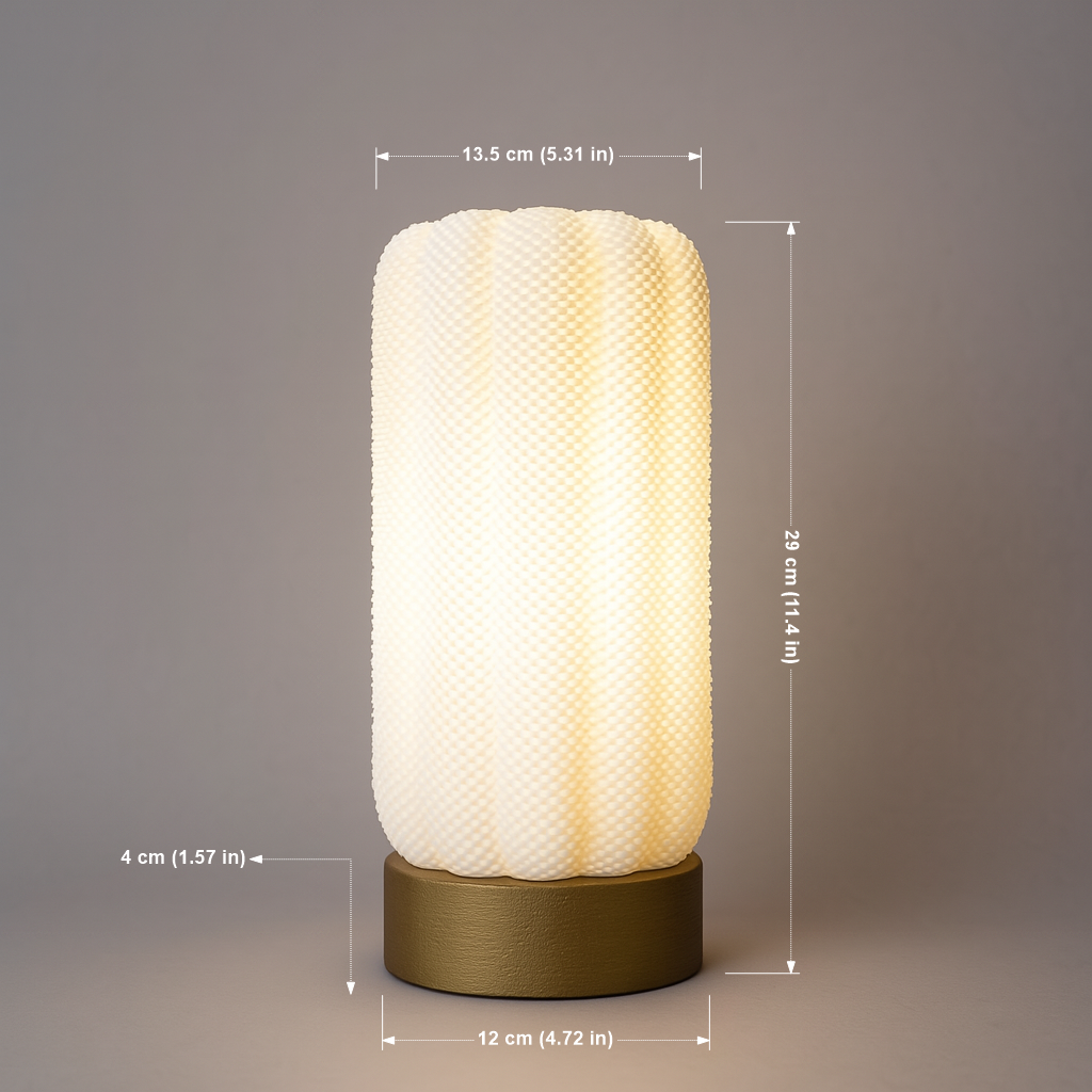 Cylindrical textured table lamp with dimensions indicated on a gray background
