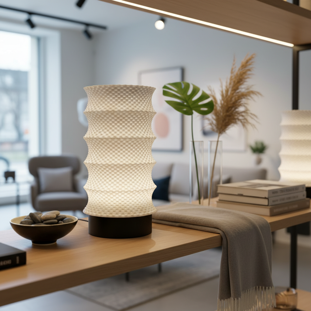 Decorative lamp on a wooden table with a blurred living room background