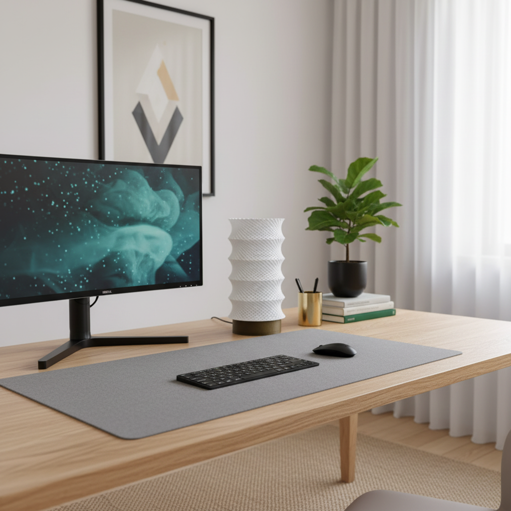 Modern home office with a desk, computer monitor, keyboard, and decorative items.