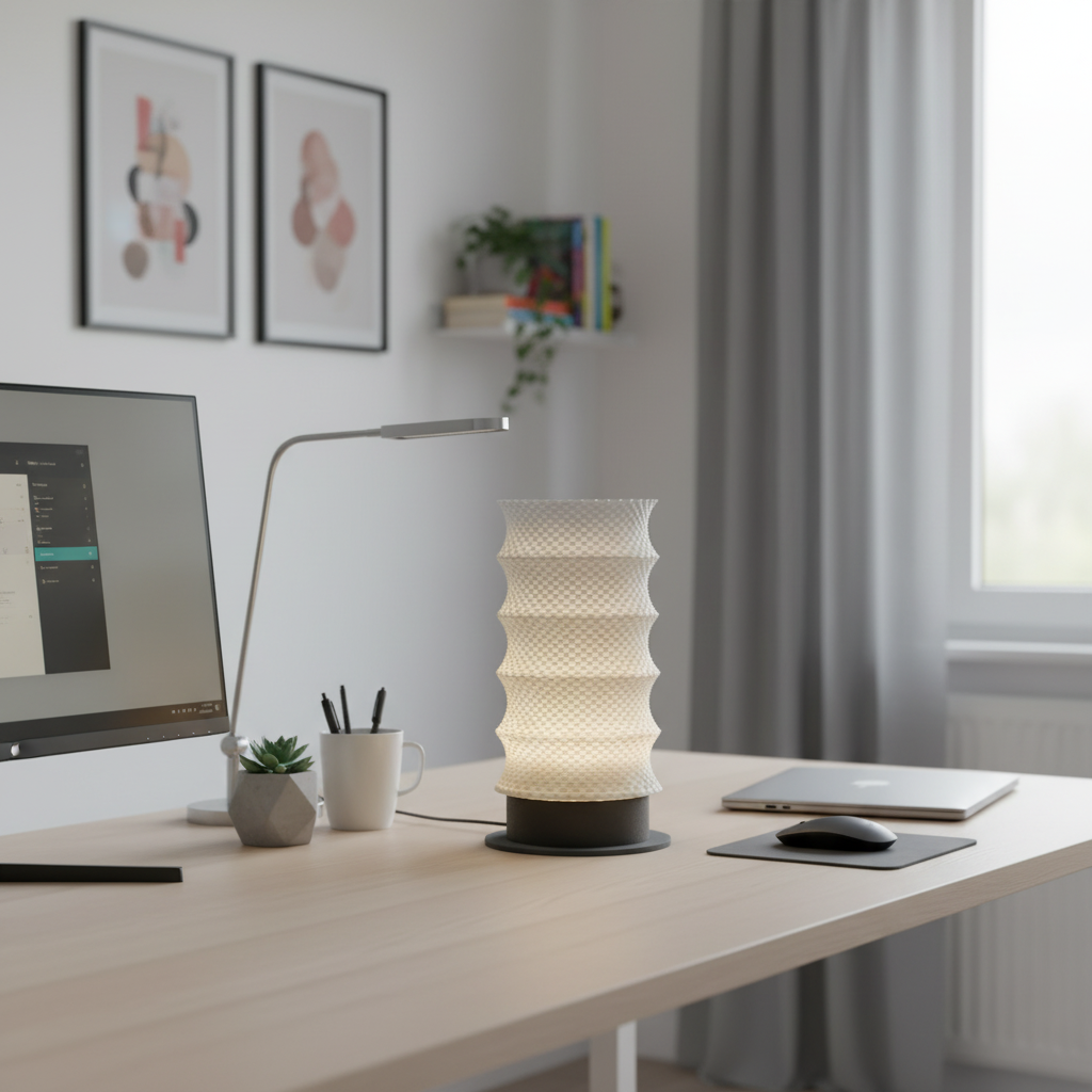 Modern desk setup with a computer, lamp, and office supplies in a bright room.