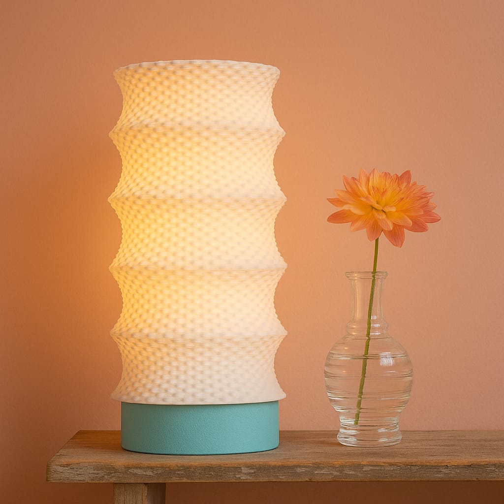 White textured lamp with a blue base on a wooden surface next to a clear vase with a flower against an orange wall.