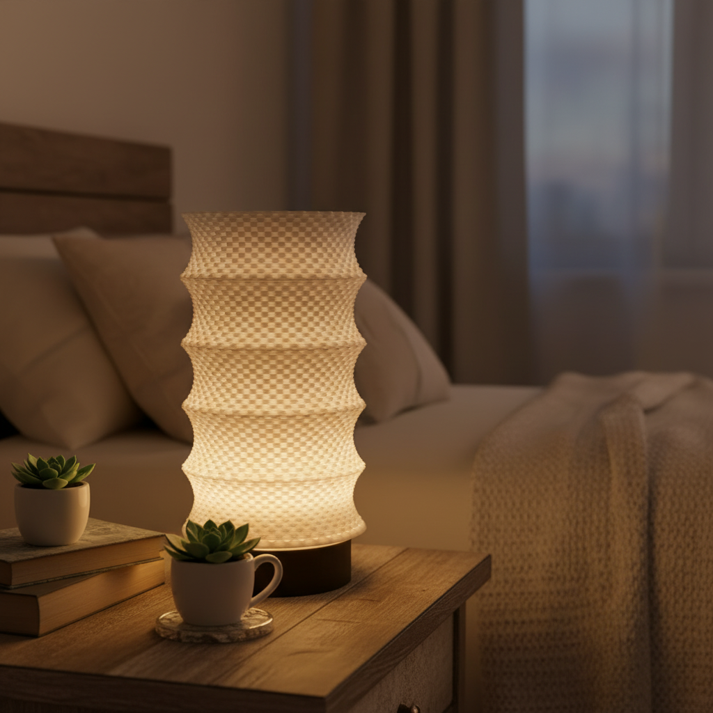 Decorative lamp on a bedside table with books and a plant in a cozy bedroom setting.