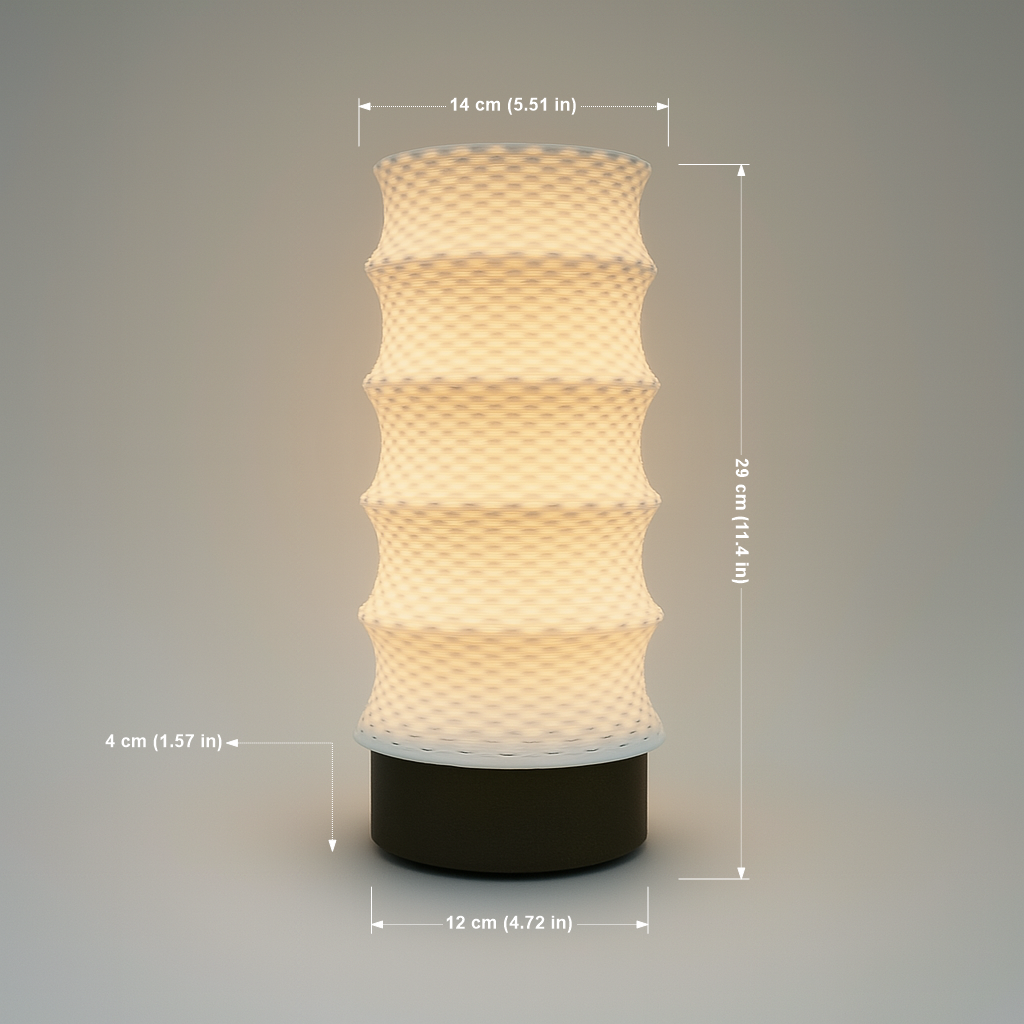 Textured cylindrical lamp with dimensions indicated on a gray background