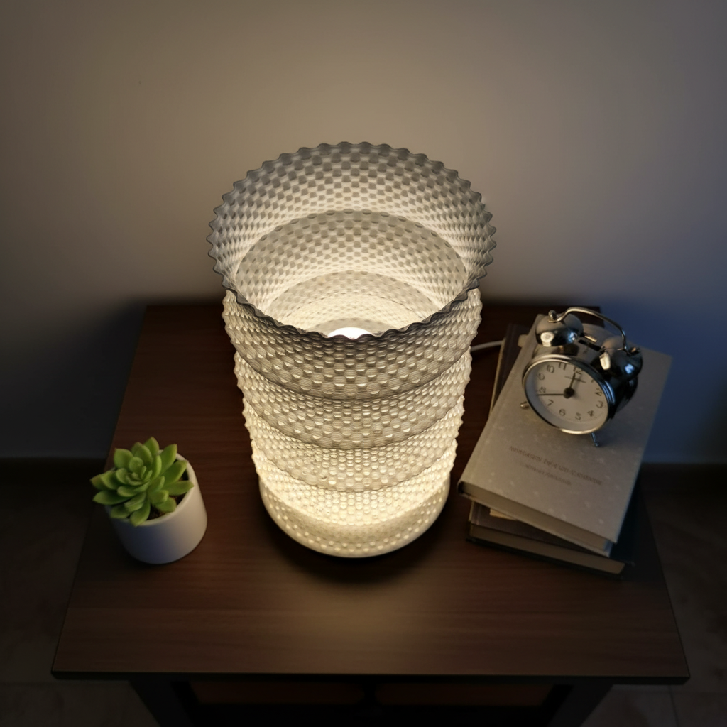 Decorative lamp with a plant and alarm clock on a bedside table