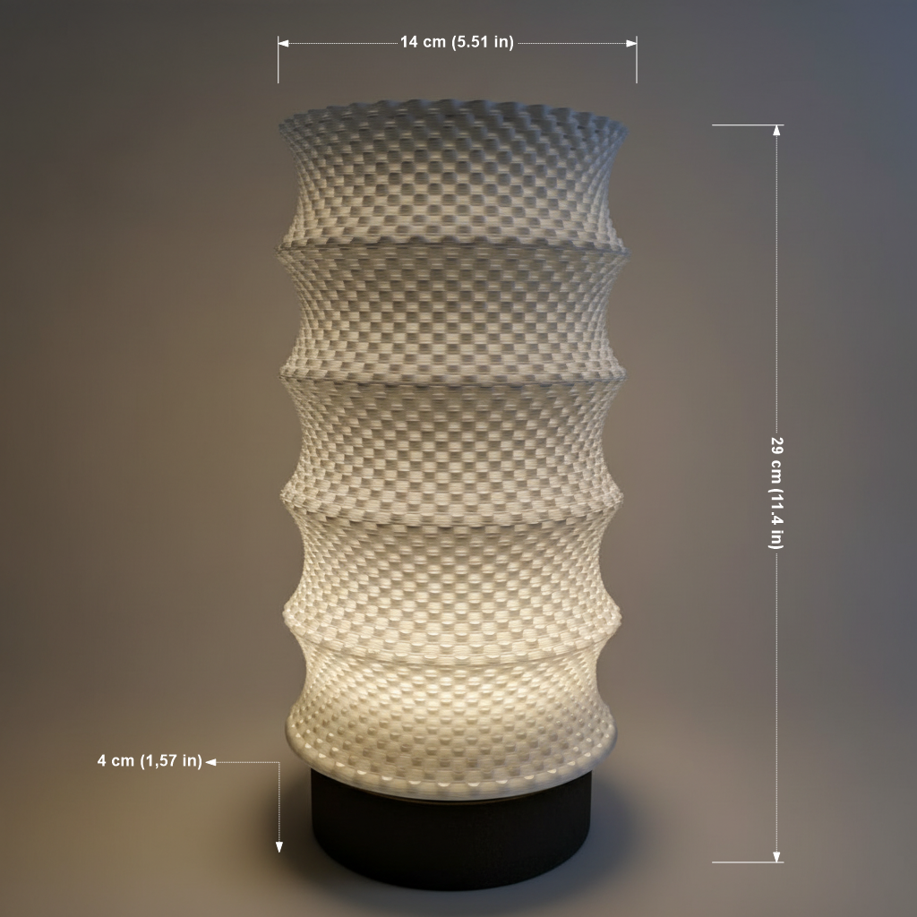 Decorative lamp with textured design and measurements on a dark background