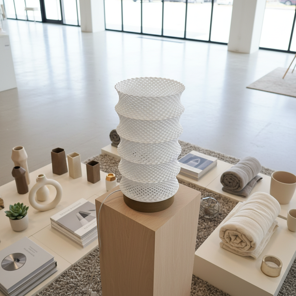 Modern interior with a textured white vase on a wooden pedestal, surrounded by books and decorative items.