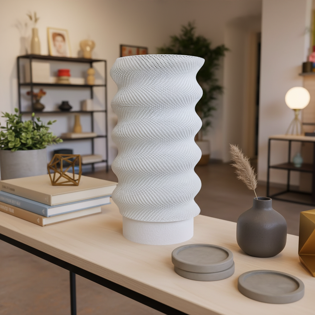 White textured table lamp on a table with other decorative items in a room setting