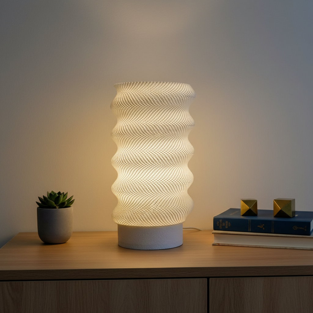 Decorative table lamp with wavy design on a wooden surface, next to a plant and books.