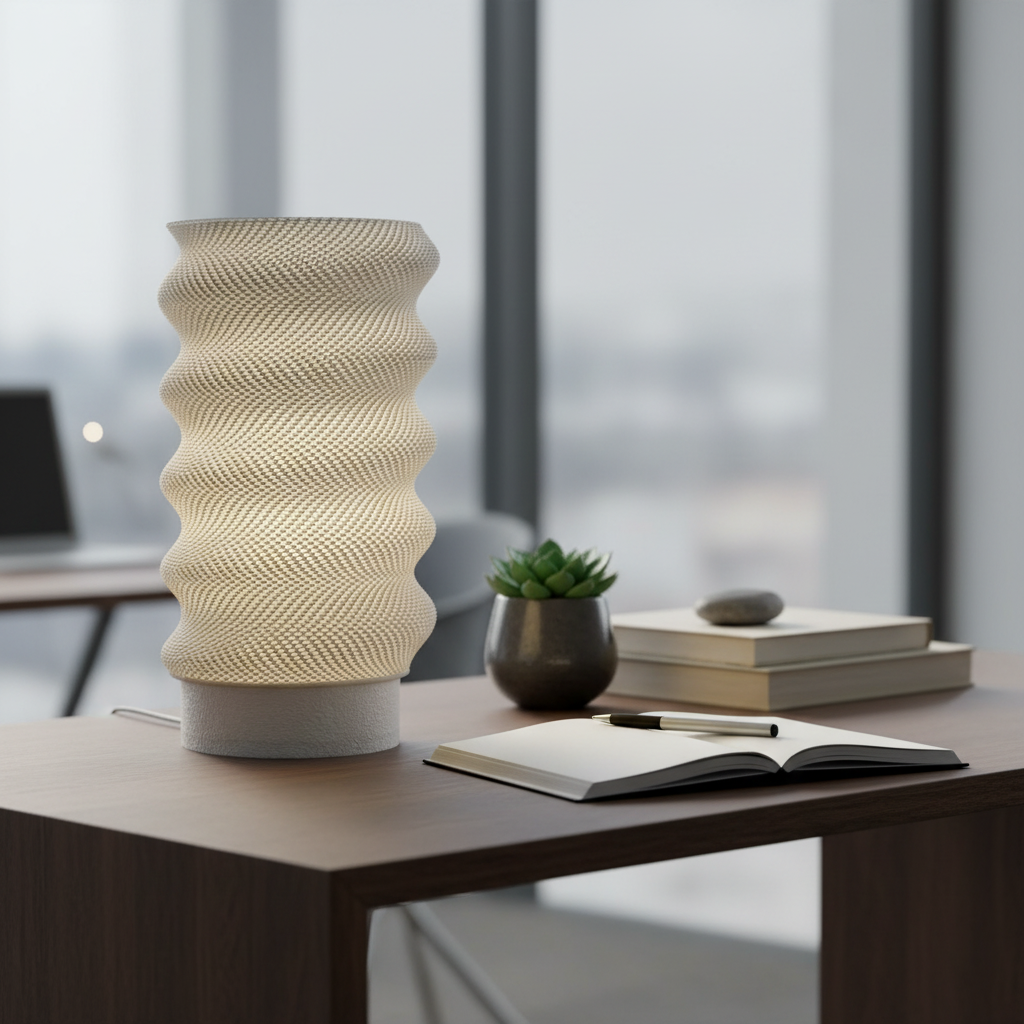 Decorative lamp with textured design on a desk with books and a plant