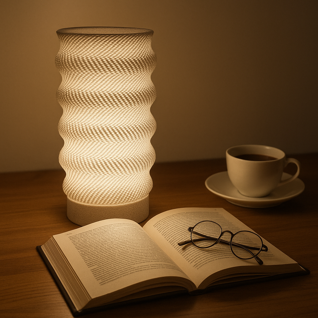 Lamp, book, and cup on a table with warm lighting