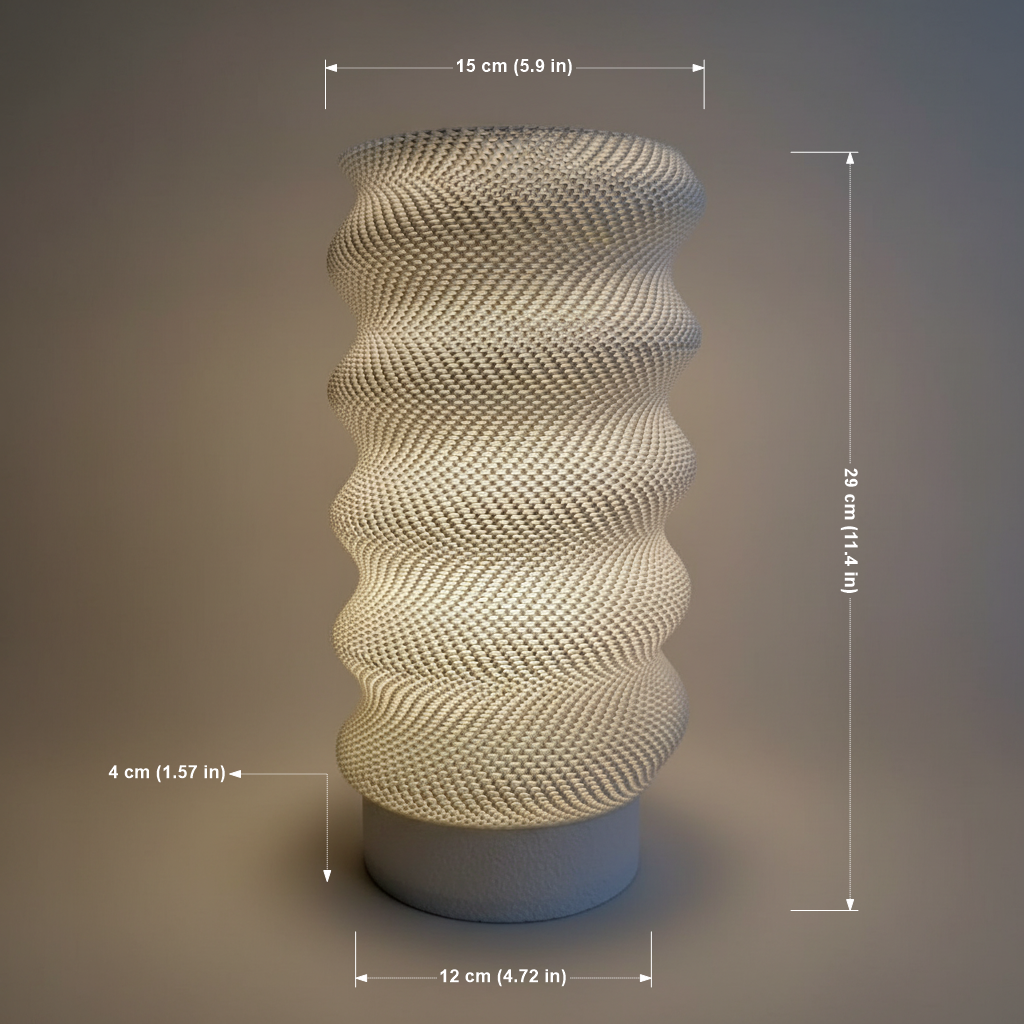 Decorative lamp with wavy texture and dimensions on a gradient background