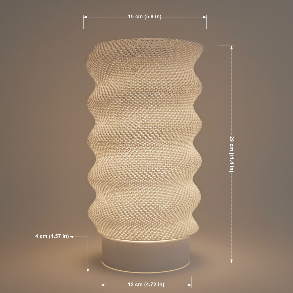Decorative lamp with textured design and dimensions indicated on a dark background