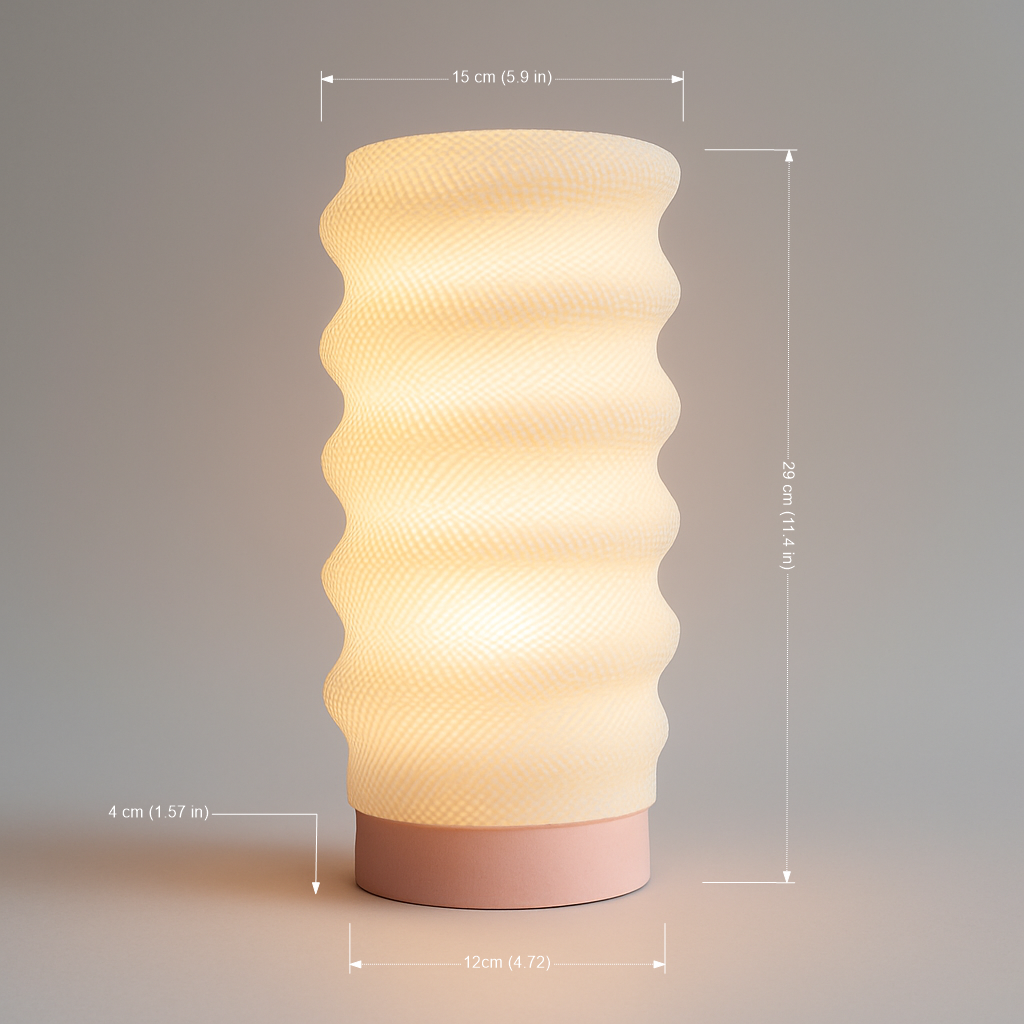Wavy-textured table lamp with dimensions on a neutral background