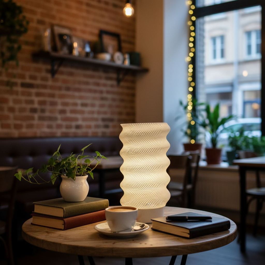Wavy-textured table lamp with dimensions on a neutral background
