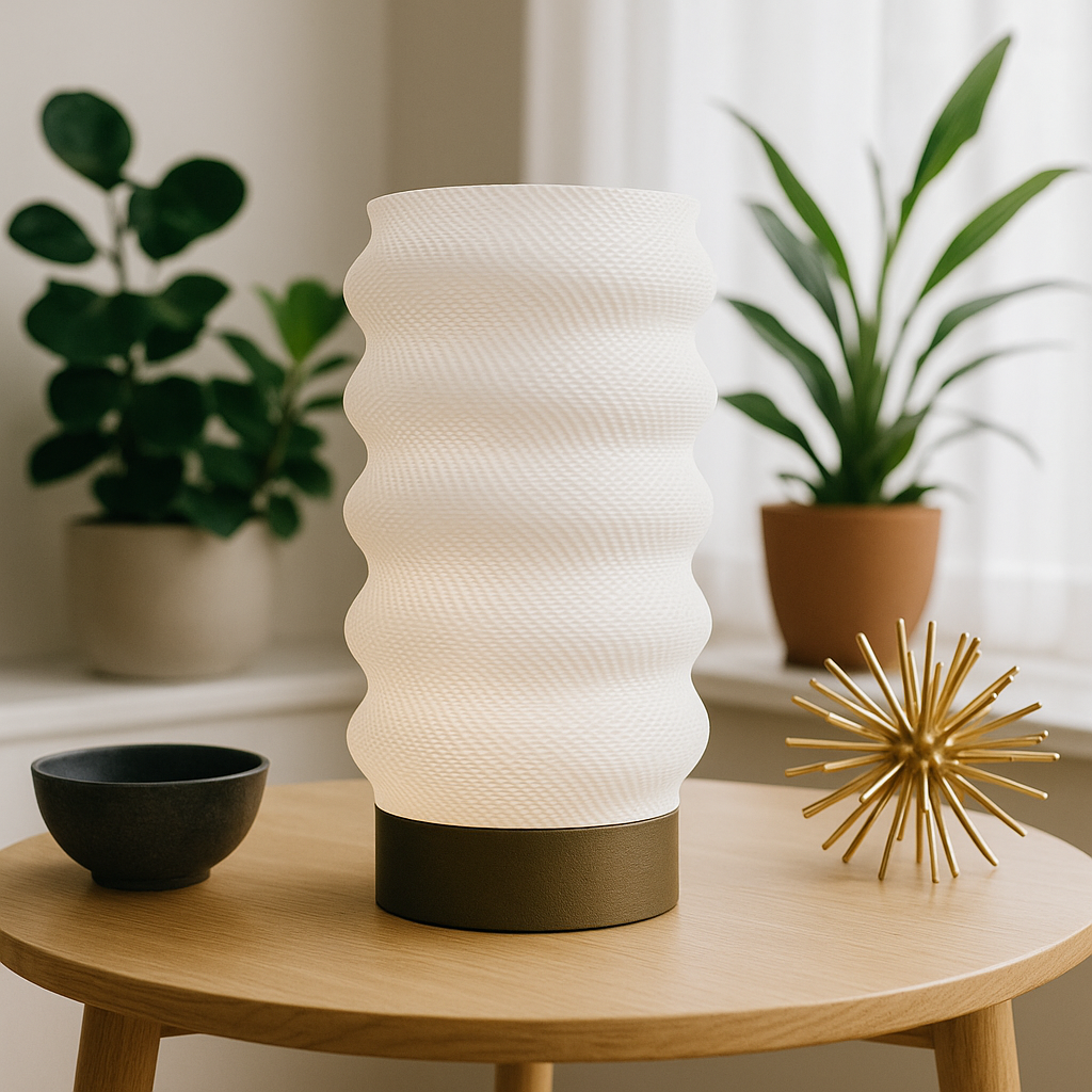 White textured table lamp on a wooden table with plants in the background