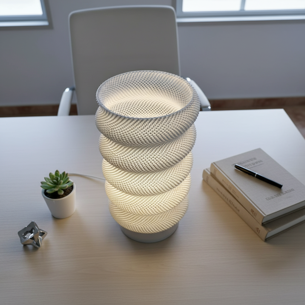Decorative lamp on a table with books and a plant in a minimalistic setting