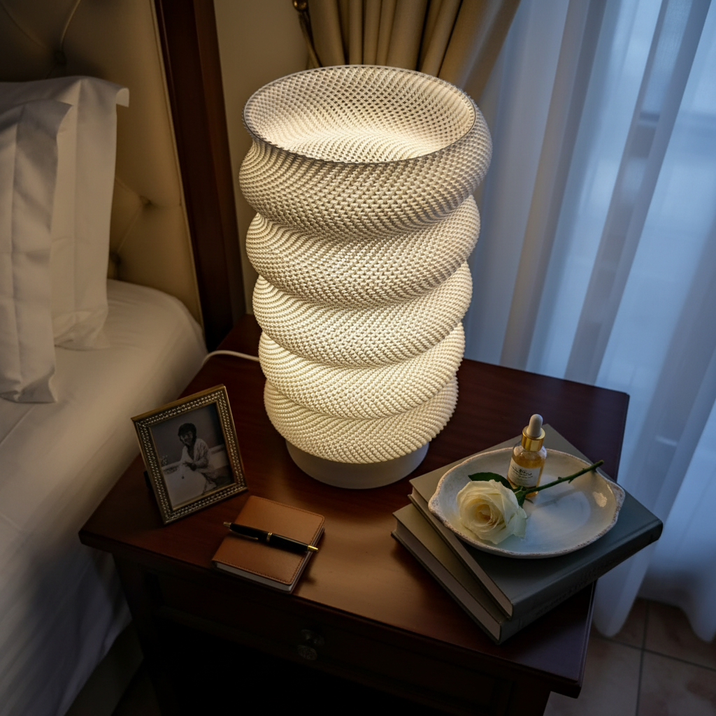 Decorative lamp on a bedside table with a rose and photo frame.