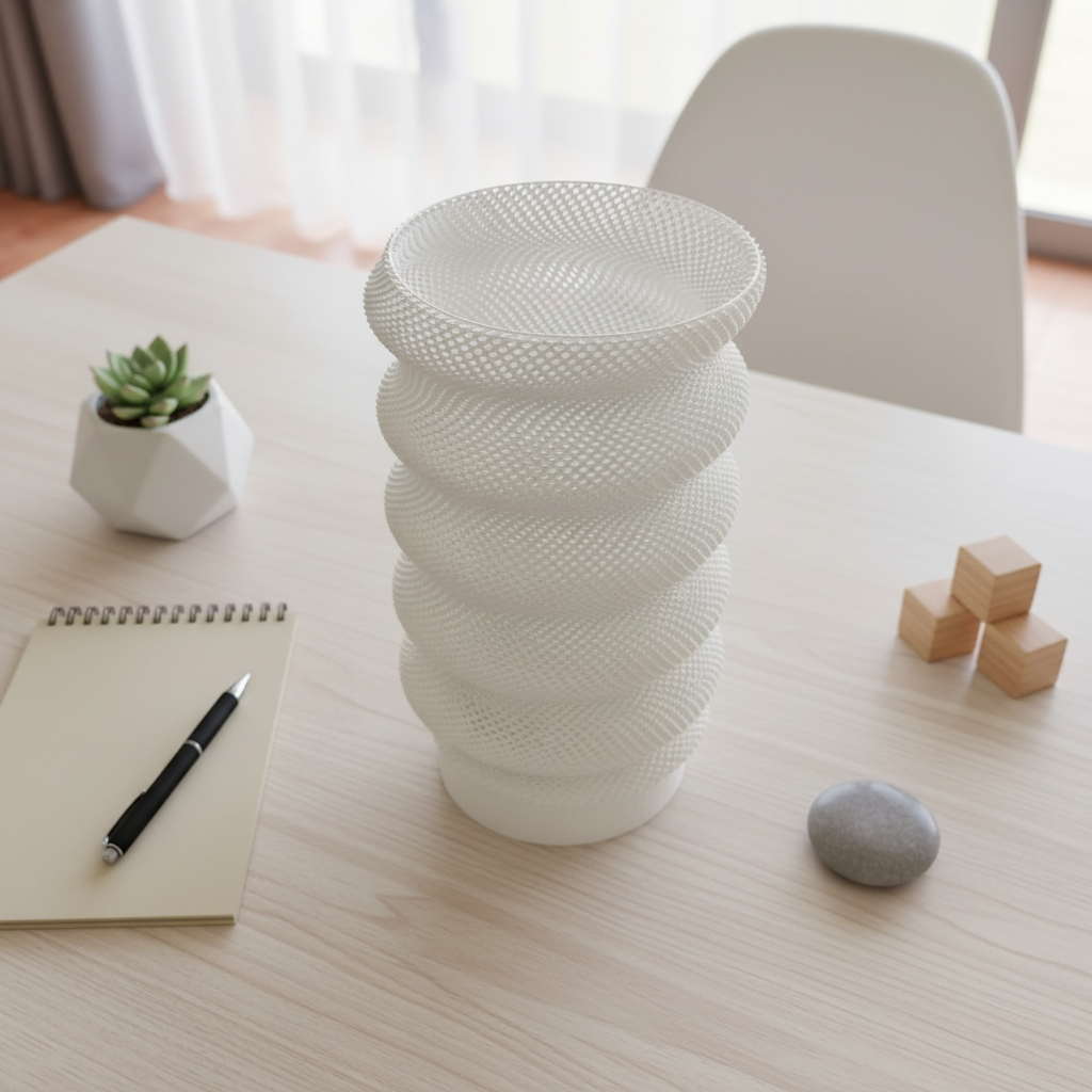 White textured vase on a table with a notebook, pen, plant, and wooden blocks.