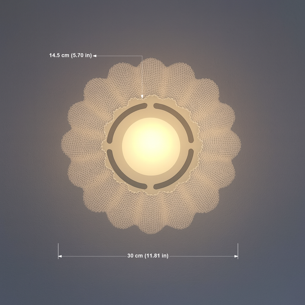 Decorative wall light with measurements on a dark background