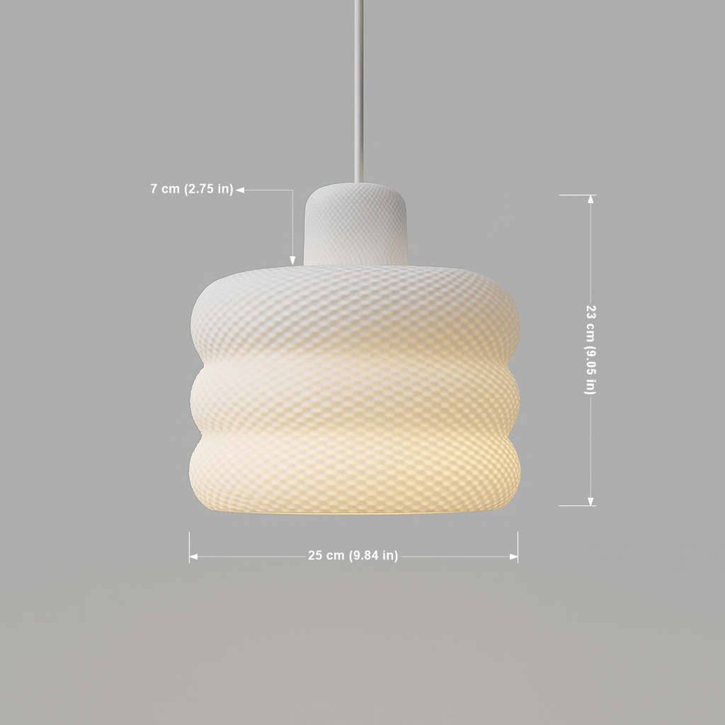 White textured pendant light with dimensions on a gray background