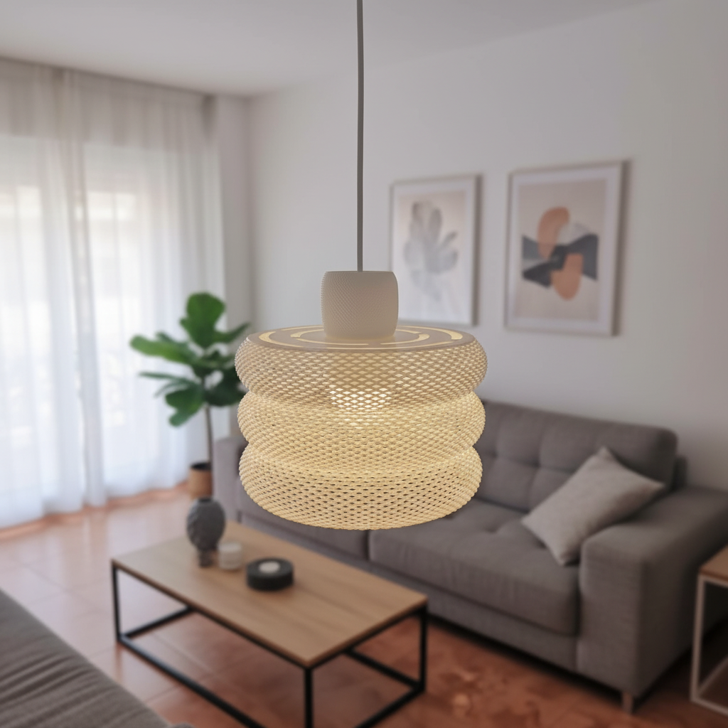 Modern woven pendant lamp above a minimalist living room with a gray sofa and wooden table.