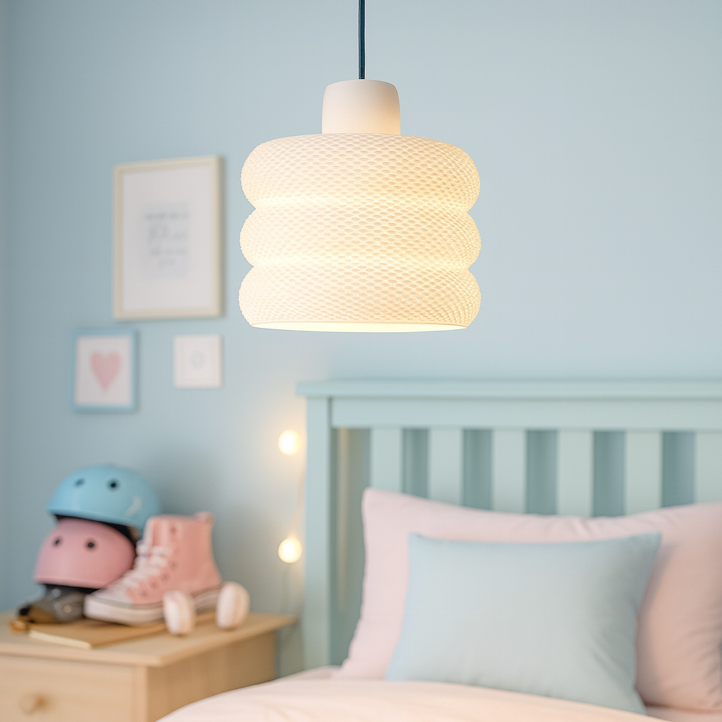 Children's bedroom with a hanging lamp, bed, and toys.
