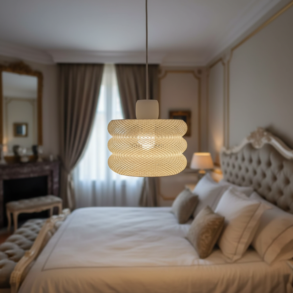 Atmospheric pendant lamp with a soft glow in a classic bedroom with a luxurious bed.