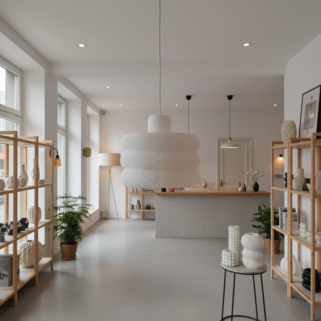 Large white designer pendant lamp in a bright interior store with wooden shelving.
