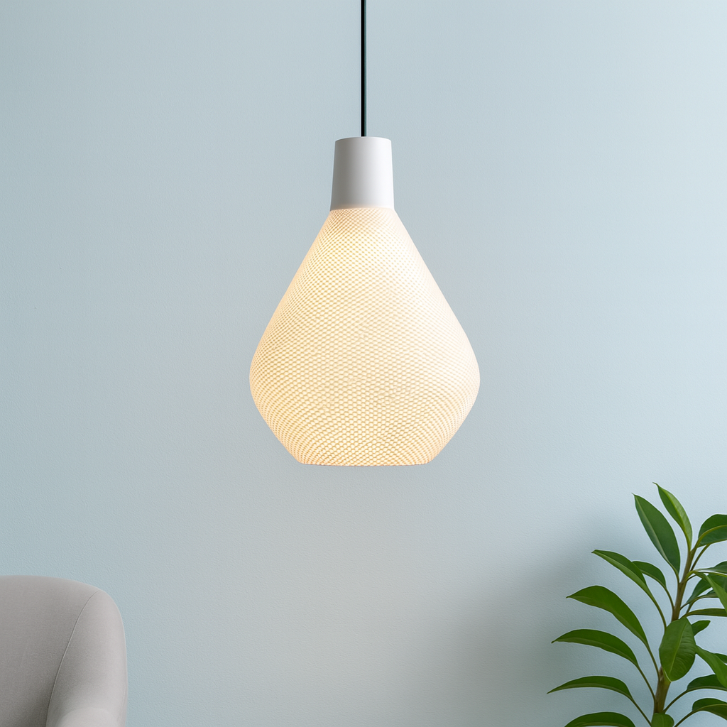 Pendant light with textured design on a light blue background