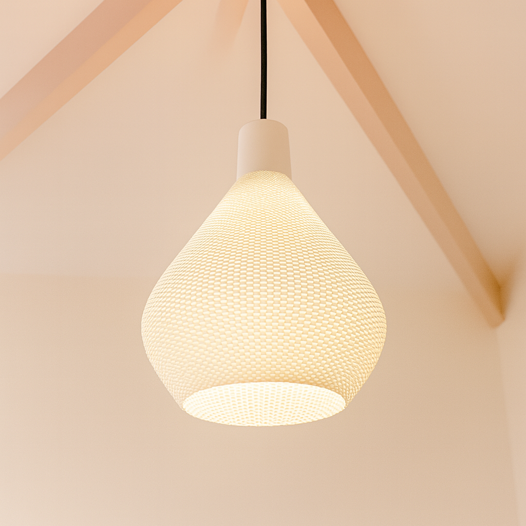 Textured pendant light hanging against a neutral background