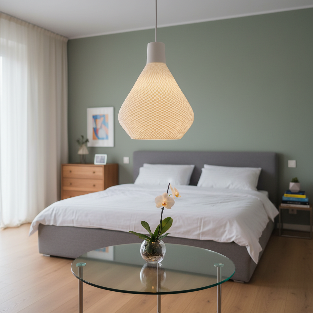 Soft glowing woven pendant light centered above a bed in a minimalist bedroom