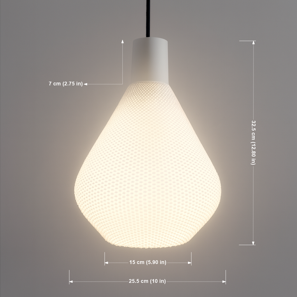 Pendant lamp with dimensions indicated on a gray background