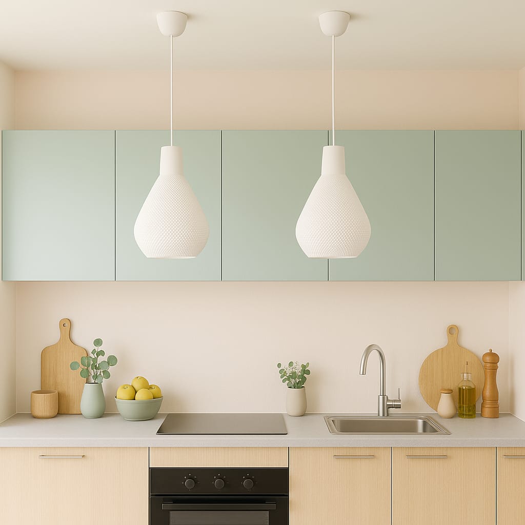 Modern kitchen with light green cabinets, white pendant lights, and a neutral color scheme.
