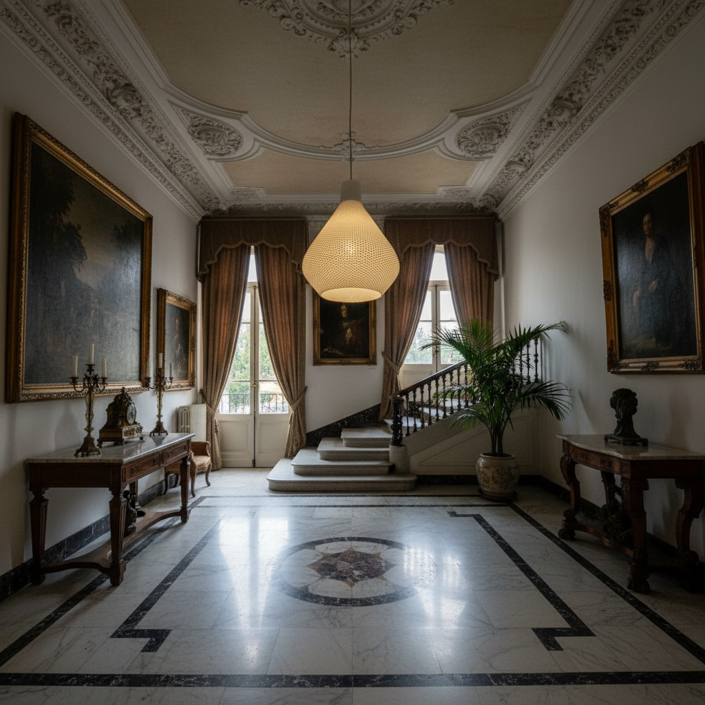 Soft glowing woven pendant lamp suspended from the ceiling