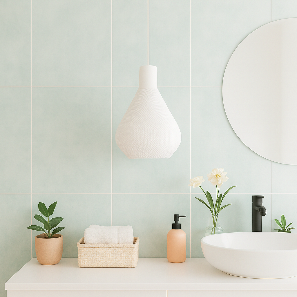 Bathroom counter with sink, mirror, and decorative items against a light green tiled wall.