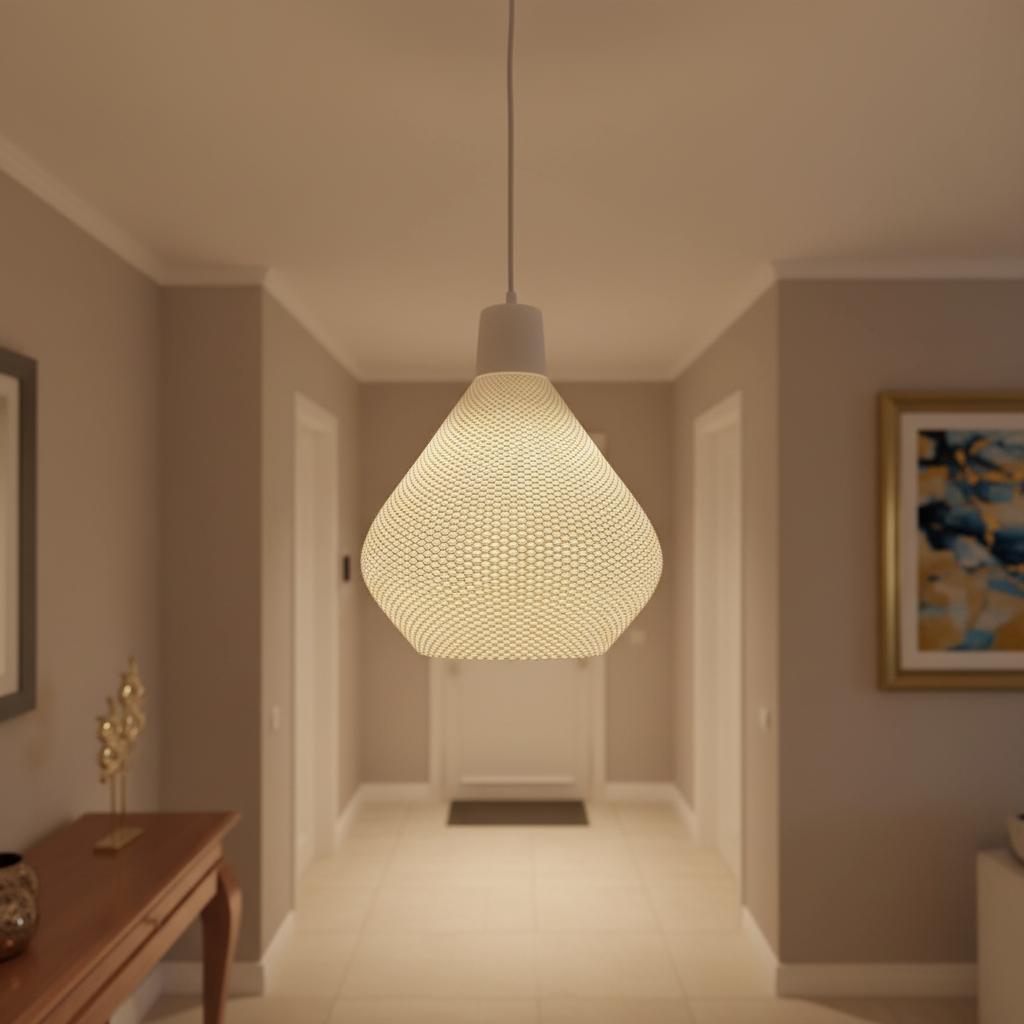 Contemporary pendant light with handcrafted woven texture and warm glow
