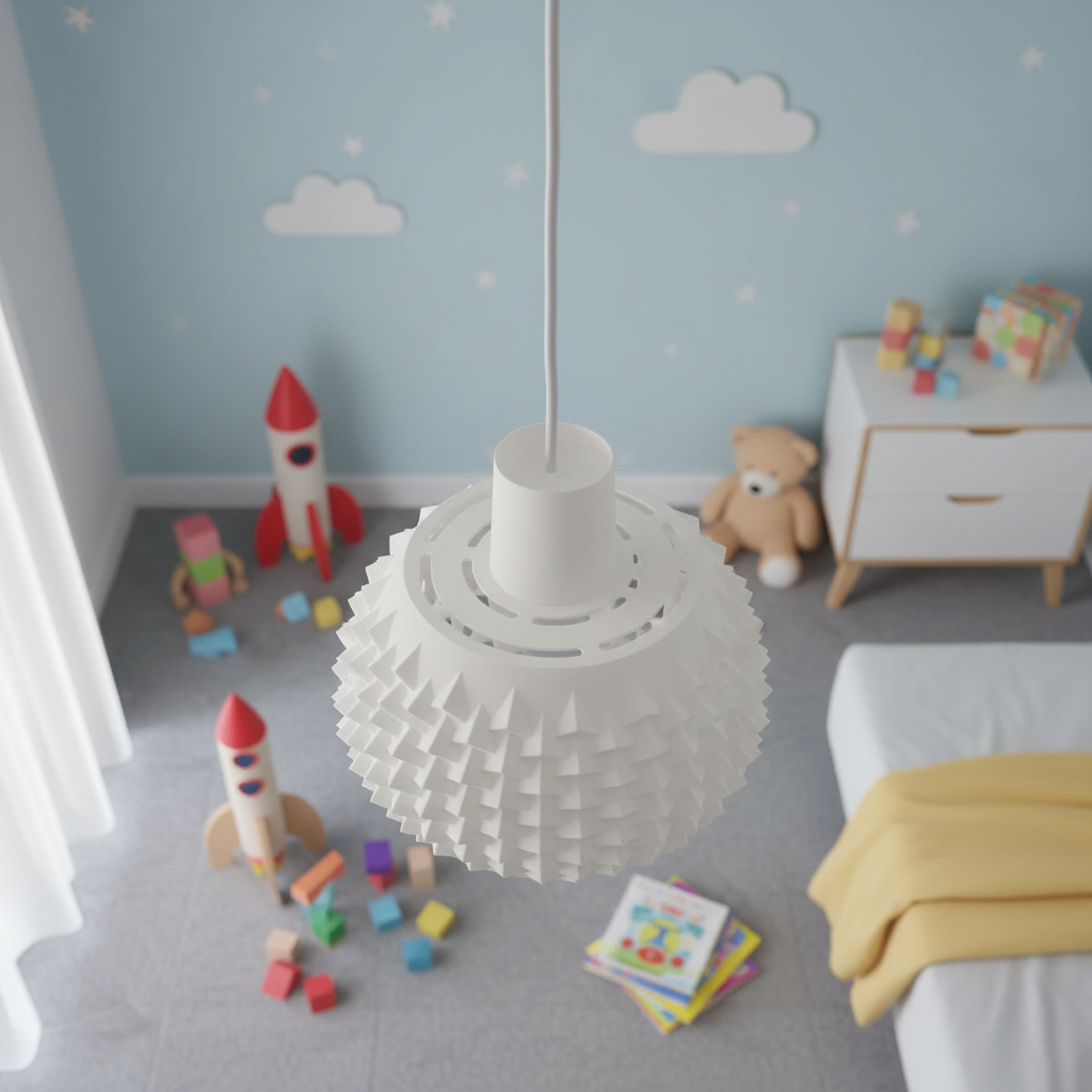 White geometric pendant lamp suspended in a children’s bedroom with toys and soft pastel decor.
