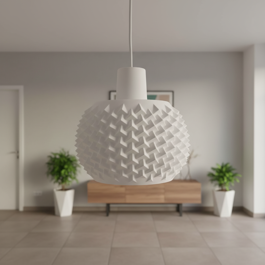Minimalist white pendant lamp hanging in a modern living space with sideboard and indoor plants.