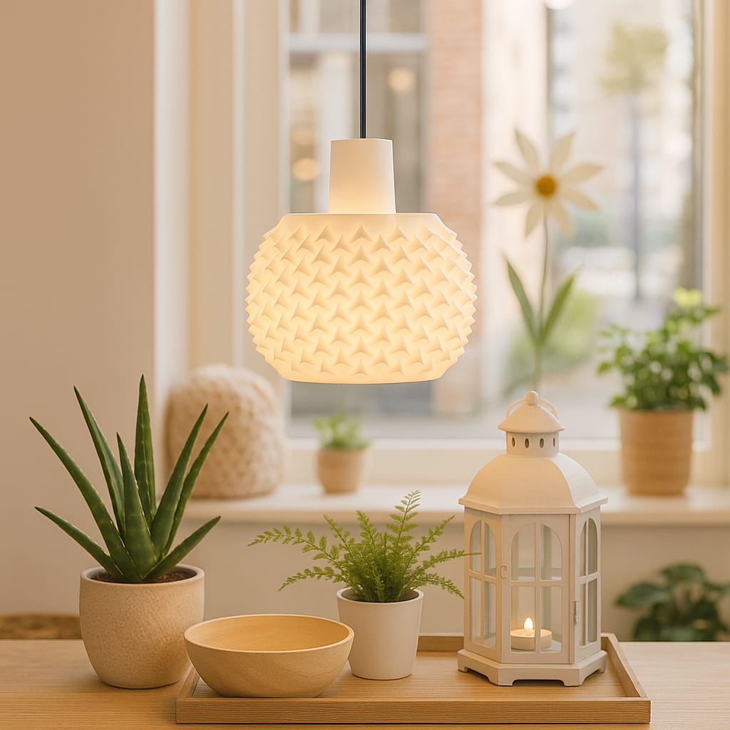 Decorative lampshade with plants and a lantern in a home setting