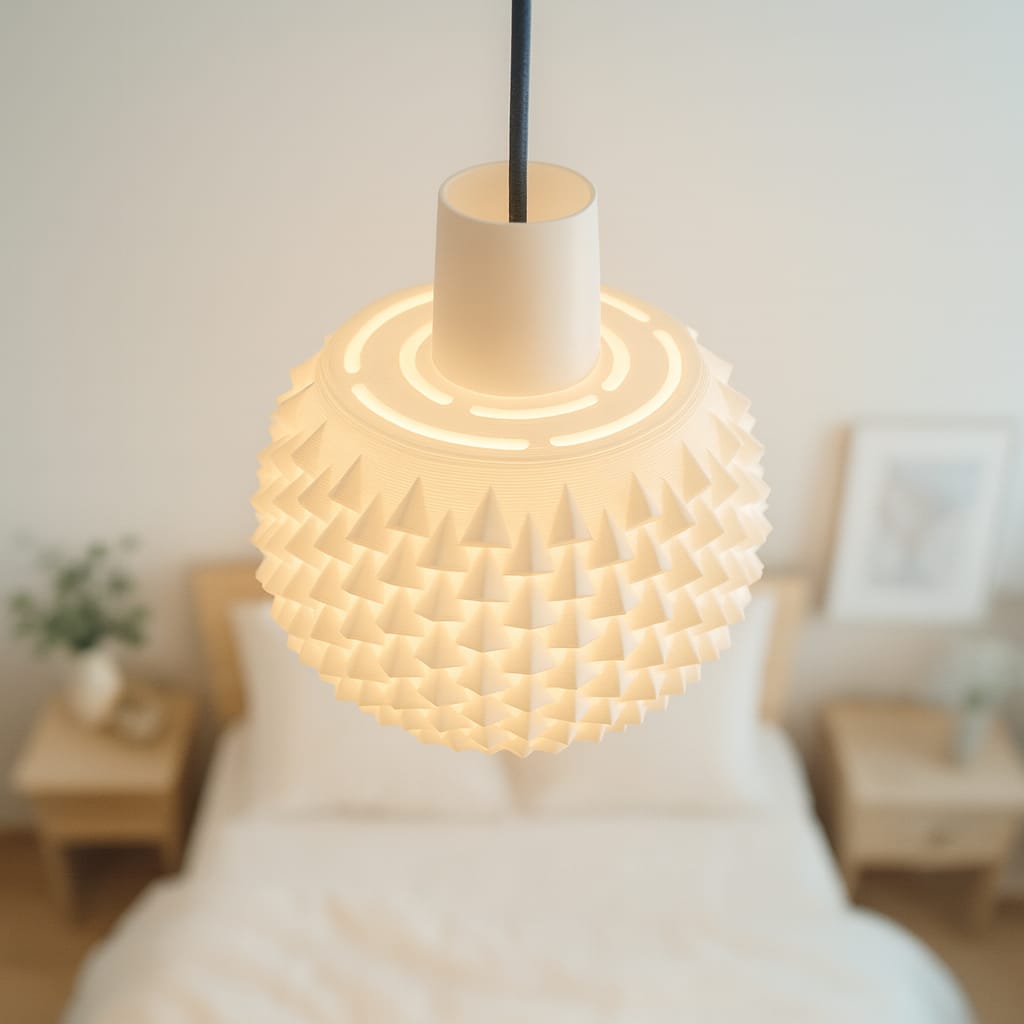 Decorative pendant light hanging in a room with soft focus